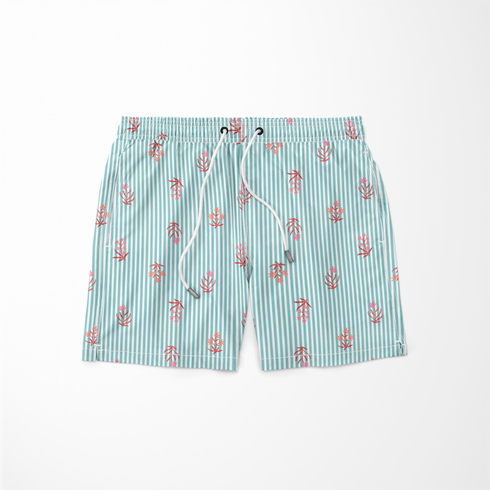 Patrón de rayas verticales turquesa sobre fondo blanco con motivos de hojas rosado coral dispersos sutex swimtrunks