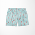 Patrón de rayas verticales turquesa sobre fondo blanco con motivos de hojas rosado coral dispersos sutex swimtrunks