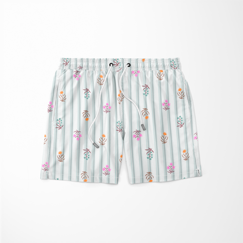 Patrón de rayas verticales gris con pequeños motivos florales en rosado, naranja y verde agua dispersos sutex swimtrunks