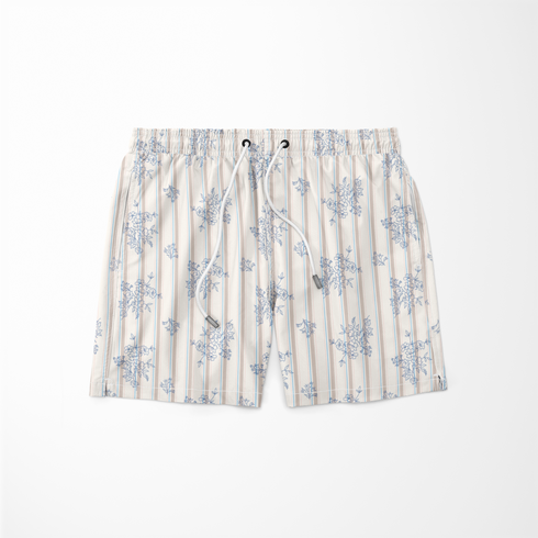 Patrón de rayas verticales con motivos florales delicados en tonos azules sobre fondo crema sutex swimtrunks