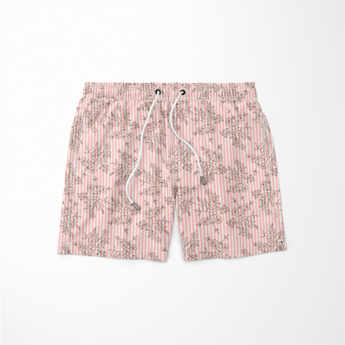 Patrón rosado con rayas verticales y estampado florales de ramas delicadas en gris sutex swimtrunks