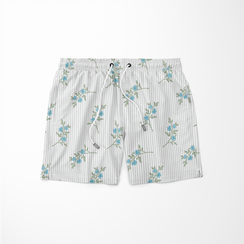 Patrón floral azul con ramas delicadas sobre fondo de rayas blancas y grises, estilo botánico sutex swimtrunks