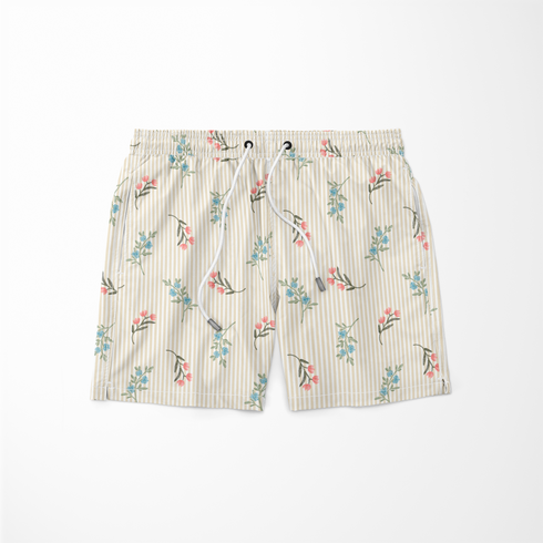 Patrón de rayas beige con flores rosadas y azules delicadas sobre fondo de líneas verticales sutex swimtrunks