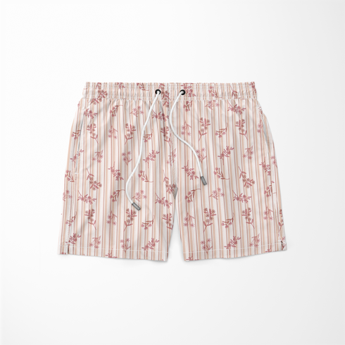 Patrón de rayas verticales en tonos rosado pálido y crema con delicados motivos florales de ramas y hojas sutex swimtrunks