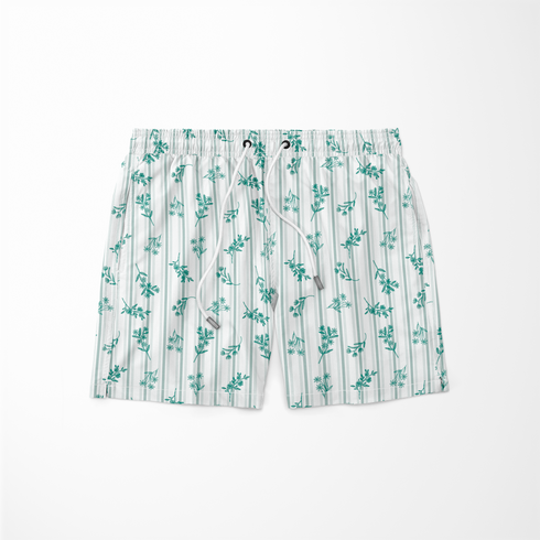 Patrón decorativo con rayas verticales y motivos florales de ramas verdes sobre fondo blanco sutex swimtrunks