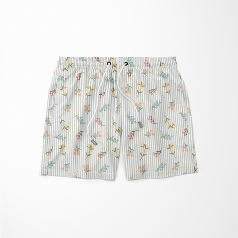 Patrón delicado de flores pequeñas en tonos rosado, amarillo y azul sobre fondo gris con rayas blancas sutex swimtrunks