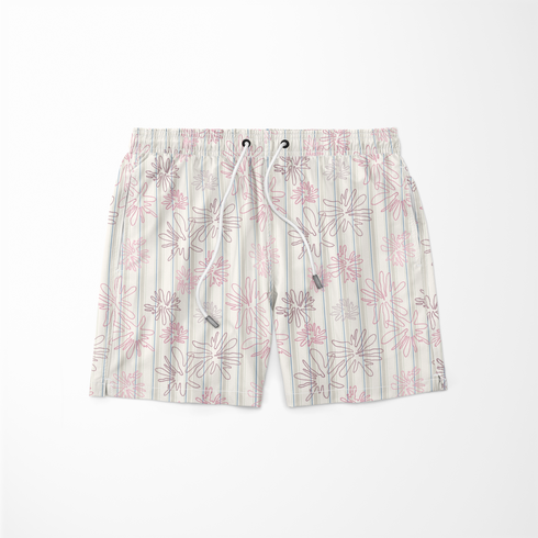 Patrón floral con flores rosado pálido sobre fondo de rayas verticales en tonos crema y beige sutex swimtrunks