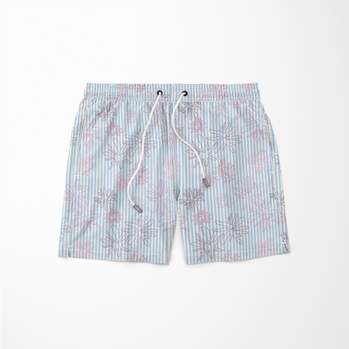 Patrón de flores rosadas sobre rayas azules y blancas verticales, diseño floral delicado y fresco sutex swimtrunks