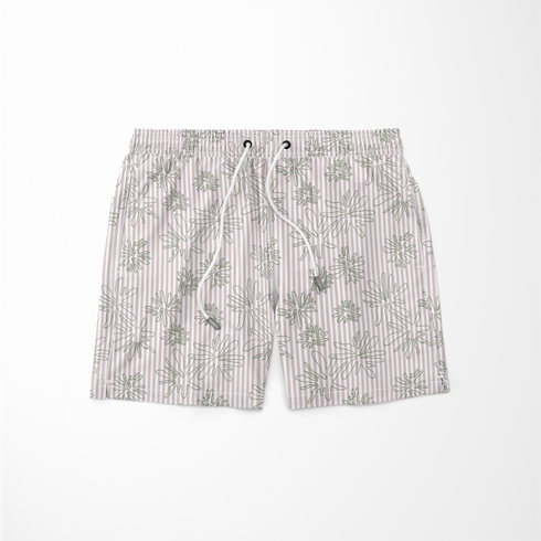 Patrón de líneas rosado pálido con flores estilizadas beige sobre fondo rayado vertical sutex swimtrunks