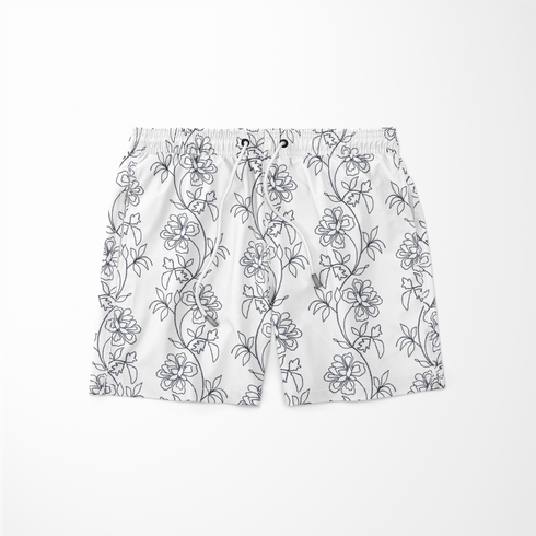 Patrón estampado floral con flores y hojas sobre fondo blanco, diseño botánico delicado sutex swimtrunks