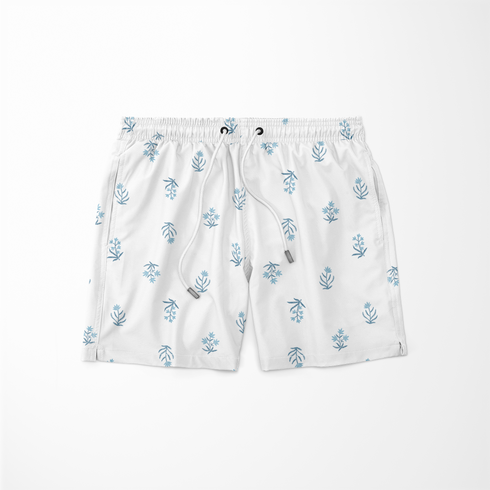 Patrón delicado con pequeñas ramas azules dispersas sobre fondo blanco, estilo botánico minimalista sutex swimtrunks