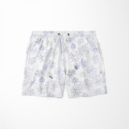 Patrón de flores estilizadas en líneas moradas sobre fondo blanco, diseño floral minimalista y delicado sutex swimtrunks