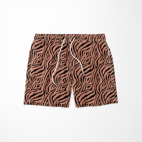 Estampado de rayas abstractas onduladas en negro sobre fondo rosado tipo animal print sutex swimtrunks