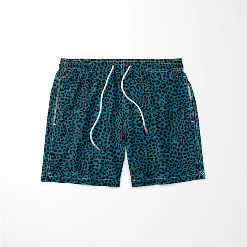 Estampado animal print de leopardo en negro sobre fondo azul petróleo sutex swimtrunks