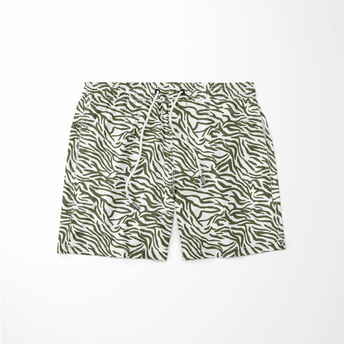 Estampado abstracto con rayas curvas en verde oliva sobre fondo blanco, estilo moderno sutex swimtrunks