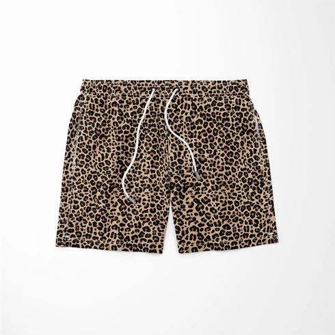 Estampado animal print de leopardo en café y beige sobre fondo negro sutex swimtrunks
