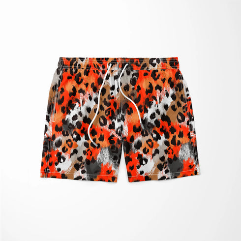 Estampado abstracto con manchas de leopardo en naranja, negro, blanco y café sutex swimtrunks