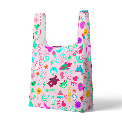 Fondo rosa con dibujos coloridos y palabras positivas como "gracias", "genial" y "amigos sutex tote mockup