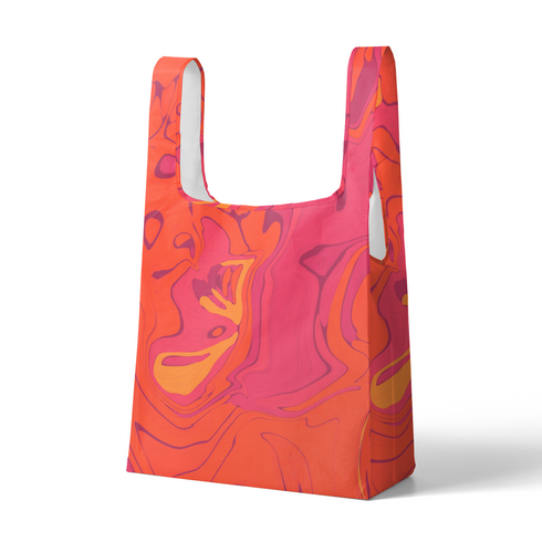 Patrón abstracto de colores vibrantes con tonos de rojo, naranja, púrpura y amarillo en forma de mármol líquido. sutex tote mockup