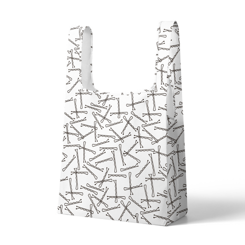 Patrón de líneas y formas abstractas en blanco y negro que asemejan horquillas o clips dispersos aleatoriamente sobre fondo claro. sutex tote mockup
