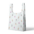 Patrón de rayas verticales gris con pequeños motivos florales en rosado, naranja y verde agua dispersos sutex tote mockup