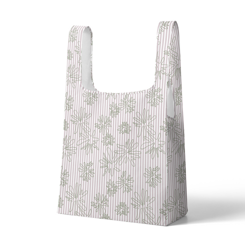 Patrón de líneas rosado pálido con flores estilizadas beige sobre fondo rayado vertical sutex tote mockup