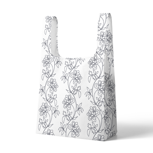 Patrón estampado floral con flores y hojas sobre fondo blanco, diseño botánico delicado sutex tote mockup