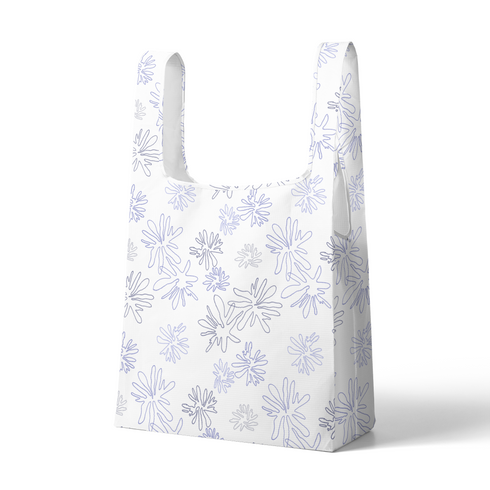 Patrón de flores estilizadas en líneas moradas sobre fondo blanco, diseño floral minimalista y delicado sutex tote mockup