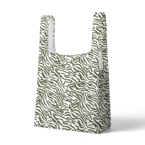 Estampado abstracto con rayas curvas en verde oliva sobre fondo blanco, estilo moderno sutex tote mockup