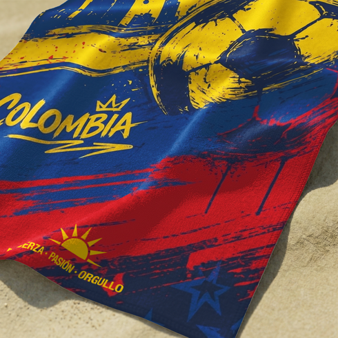 Afiche "Hinchada Urgana" con corona, balón de fútbol, colores amarillo azul rojo bandera Colombia sutex towel closeup