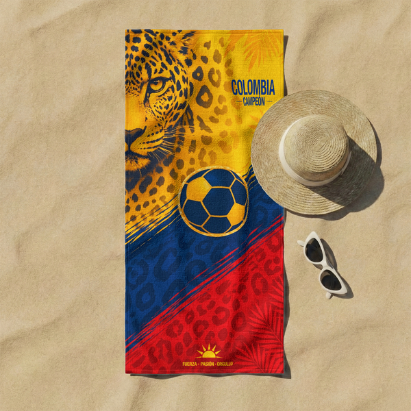 Diseño deportivo Colombia con jaguar estampado, balón de fútbol, colores amarillo azul rojo, patrones geométricos sutex towel fullview