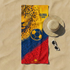 Diseño deportivo Colombia con jaguar estampado, balón de fútbol, colores amarillo azul rojo, patrones geométricos sutex towel fullview