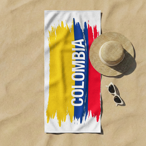Bandera de Colombia con texto invertido "COLOMBIA" en azul sobre franjas rojo, azul y amarillo sutex towel fullview