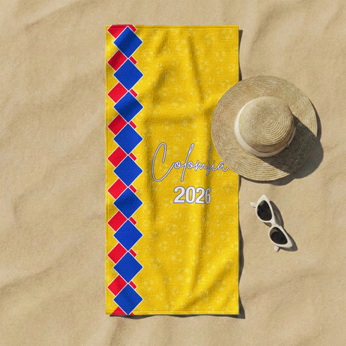 Diseño decorativo amarillo con patrón geométrico de rombos azules y rojos, texto "Virginia 2026 sutex towel fullview