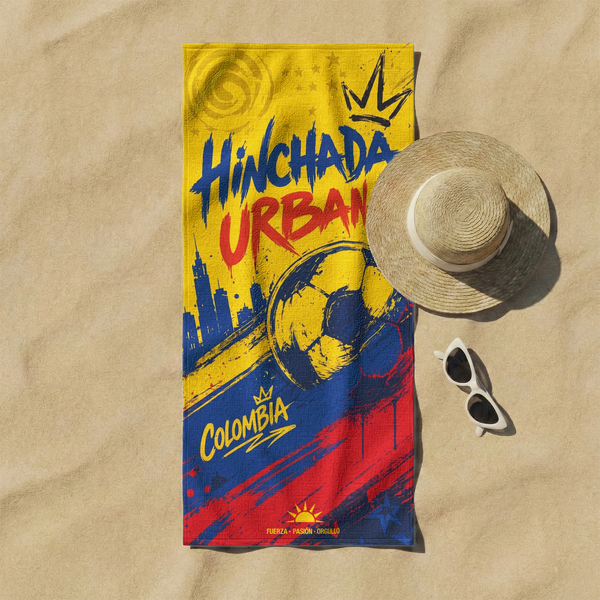 Afiche "Hinchada Urgana" con corona, balón de fútbol, colores amarillo azul rojo bandera Colombia sutex towel fullview