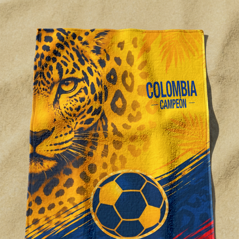 Diseño deportivo Colombia con jaguar estampado, balón de fútbol, colores amarillo azul rojo, patrones geométricos sutex towel medium