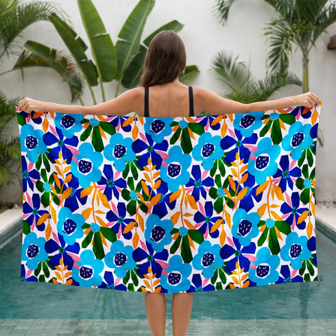 Flores Tropicales Azul Naranja Toalla Viajera