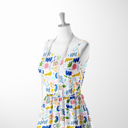 Coloridos dibujos doodle infantiles con formas abstractas, espirales, estrellas y líneas onduladas en azul, amarillo, rosa y verde. sutex woven dress form mockup