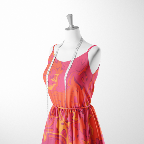 Patrón abstracto de colores vibrantes con tonos de rojo, naranja, púrpura y amarillo en forma de mármol líquido. sutex woven dress form mockup