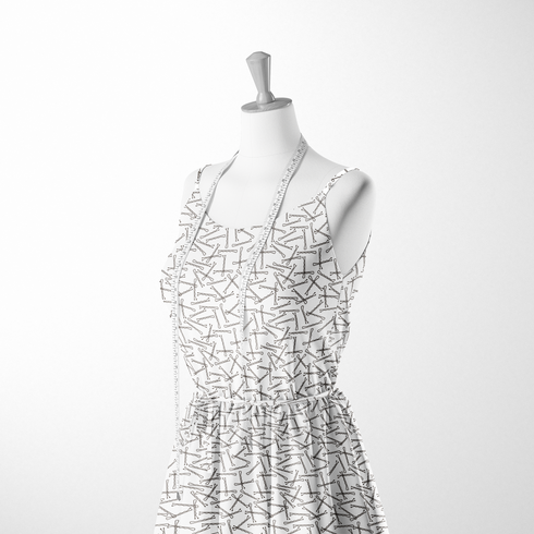 Patrón de líneas y formas abstractas en blanco y negro que asemejan horquillas o clips dispersos aleatoriamente sobre fondo claro. sutex woven dress form mockup