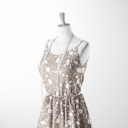 Patrón decorativo de utensilios de cocina en blanco sobre fondo marrón claro. sutex woven dress form mockup