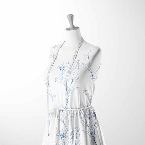 Patrón botánico de líneas azules que muestra flores y hojas en un estilo de dibujo minimalista sobre fondo blanco. sutex woven dress form mockup