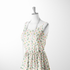 Patrón floral con rosas rosadas y amarillas sobre fondo de rayas beige y crema con hojas verdes sutex woven dress form mockup