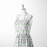 Patrón floral con rosado, amarillo y azul sobre rayas verticales azules y blancas sutex woven dress form mockup