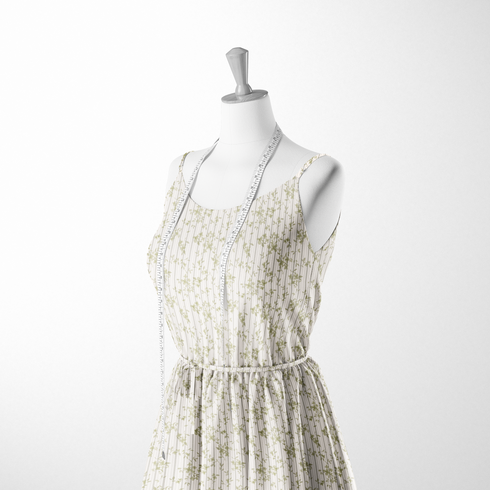 Patrón delicado de ramas verdes sobre rayas verticales beige y crema con estilo botánico suave sutex woven dress form mockup