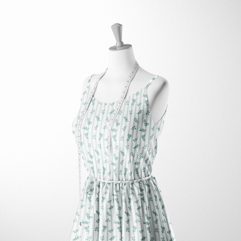 Patrón decorativo con rayas verticales y motivos florales de ramas verdes sobre fondo blanco sutex woven dress form mockup