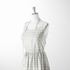 Patrón delicado de flores pequeñas en tonos rosado, amarillo y azul sobre fondo gris con rayas blancas sutex woven dress form mockup