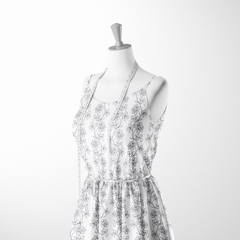 Patrón estampado floral con flores y hojas sobre fondo blanco, diseño botánico delicado sutex woven dress form mockup