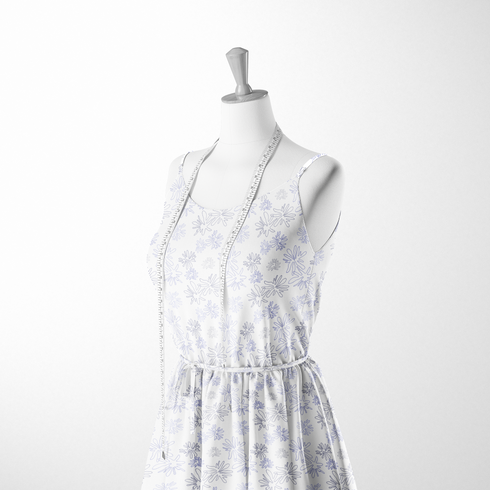 Patrón de flores estilizadas en líneas moradas sobre fondo blanco, diseño floral minimalista y delicado sutex woven dress form mockup