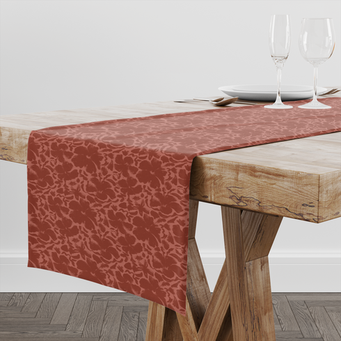 Red-brown floral pattern with abstract flowers on a lighter coral background table runner mockup